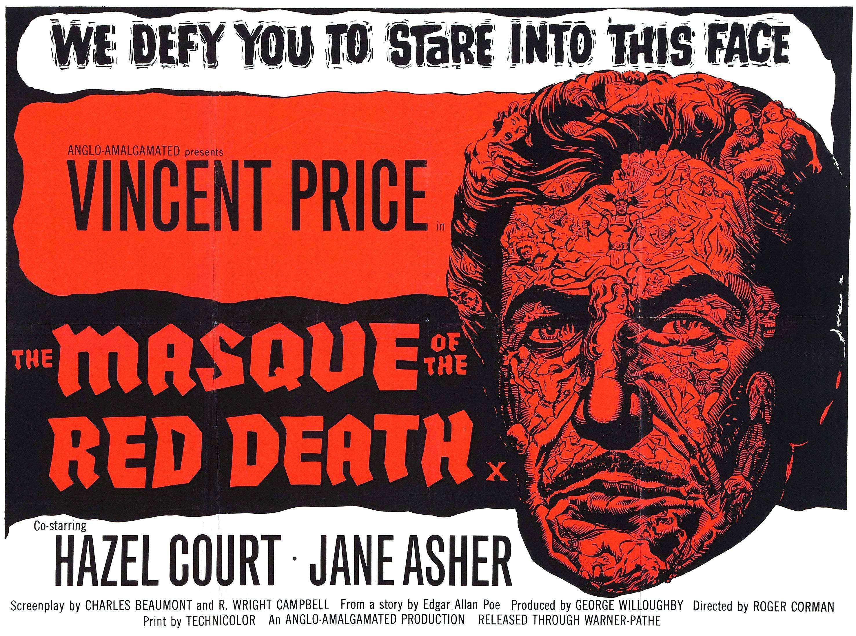 Red Death 桌布 壁紙 — 一張復古恐怖電影海報， featuring Vincent Price 有著怪誕的紅色面孔，並以粗體文字宣稱敢於直視他的臉。