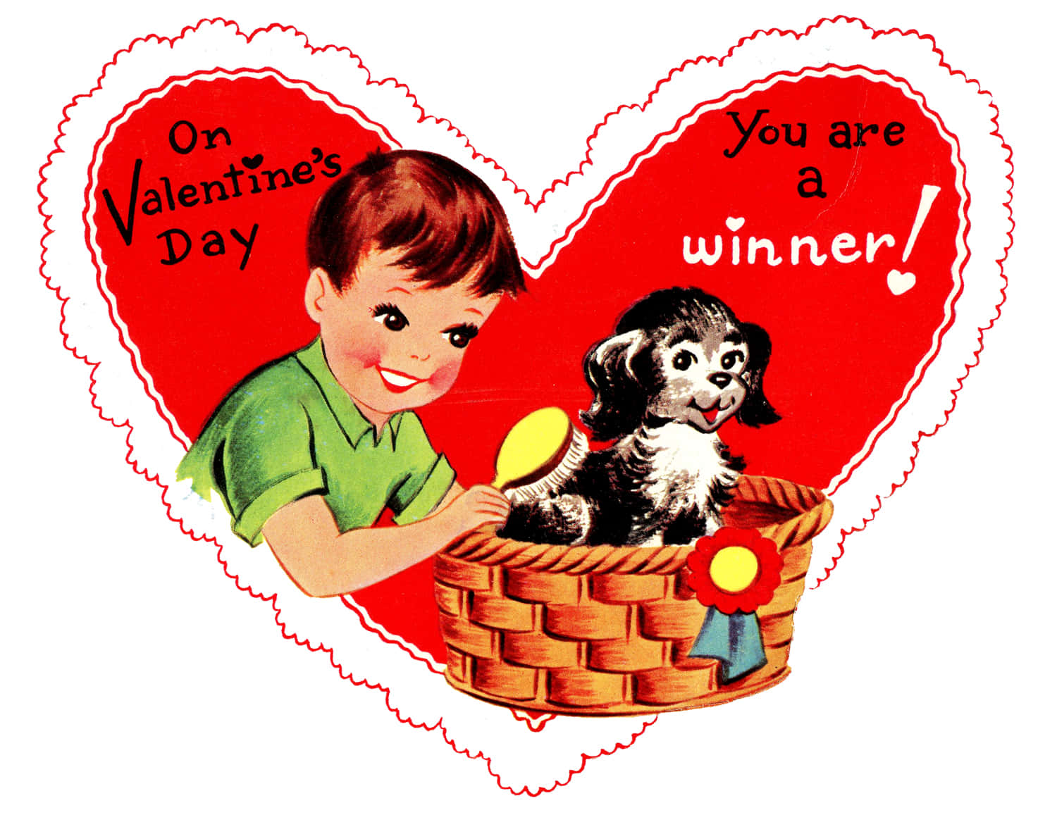 Happy Valentines 桌布 壁紙 — 一張復古情人節卡展示一個微笑的男孩在紅心框內的柳條籃中刷毛一隻毛茸茸的小狗。