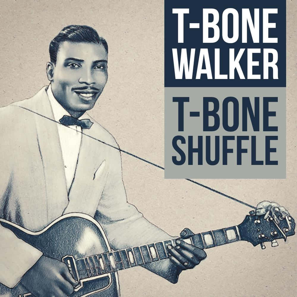 poster 桌布 壁紙 — 一張復古插圖，音樂家 T-Bone Walker 微笑著彈奏電吉他，並帶有粗體文字疊加。