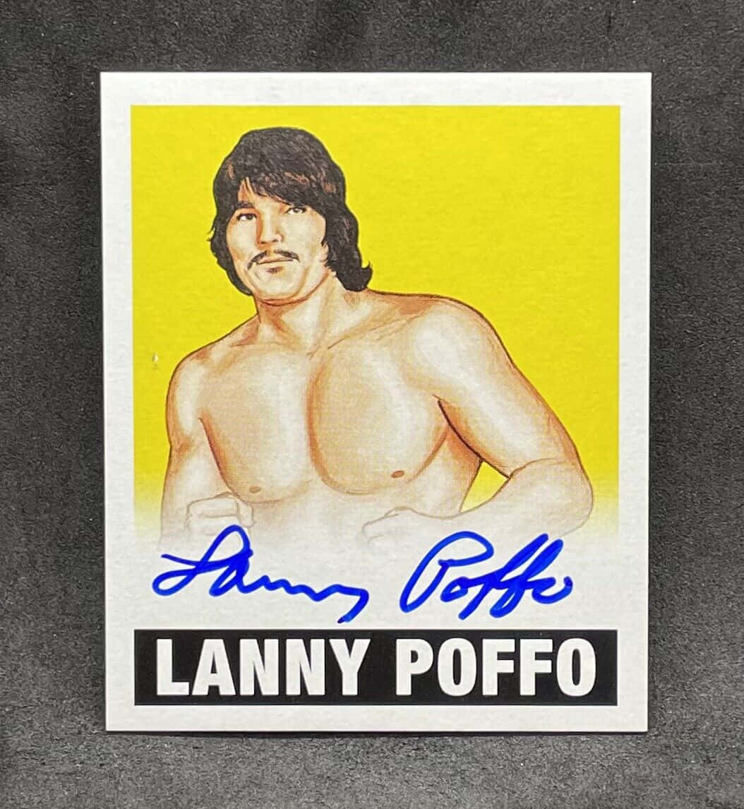 摔角 桌布 壁紙 — 一張復古摔角交易卡，上面有Lanny Poffo的簽名和名字印在下方，背景為亮黃色。