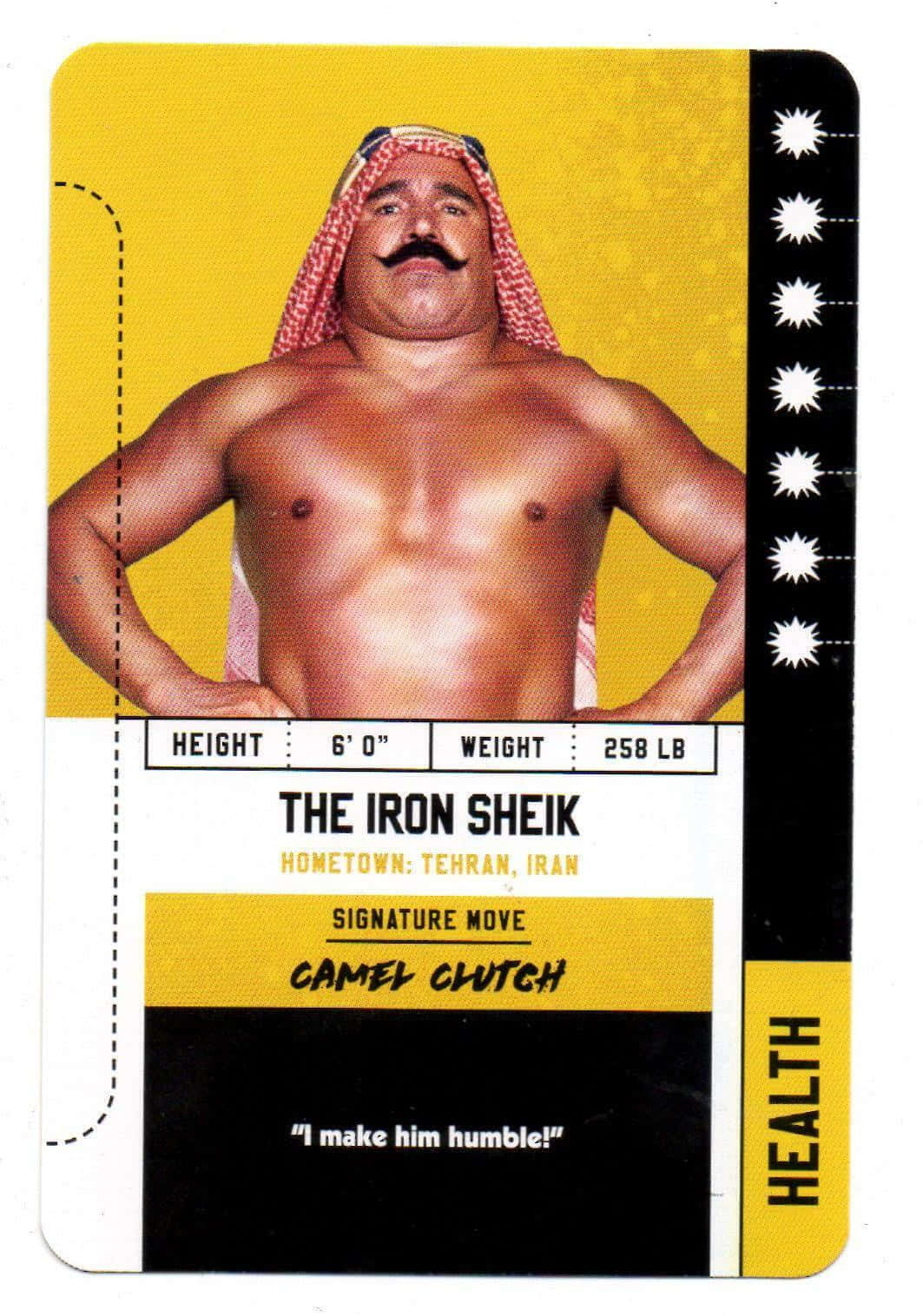 摔角 桌布 壁紙 — 一張復古摔角卡， featuring The Iron Sheik 戴著紅白頭巾，背景為黃色。