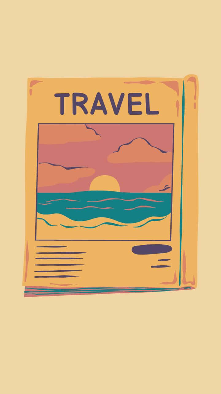 Travel Aesthetic Phone 桌布 壁紙 — 一張復古旅遊雜誌封面展示夕陽映照在海浪上，遠方有山脈。