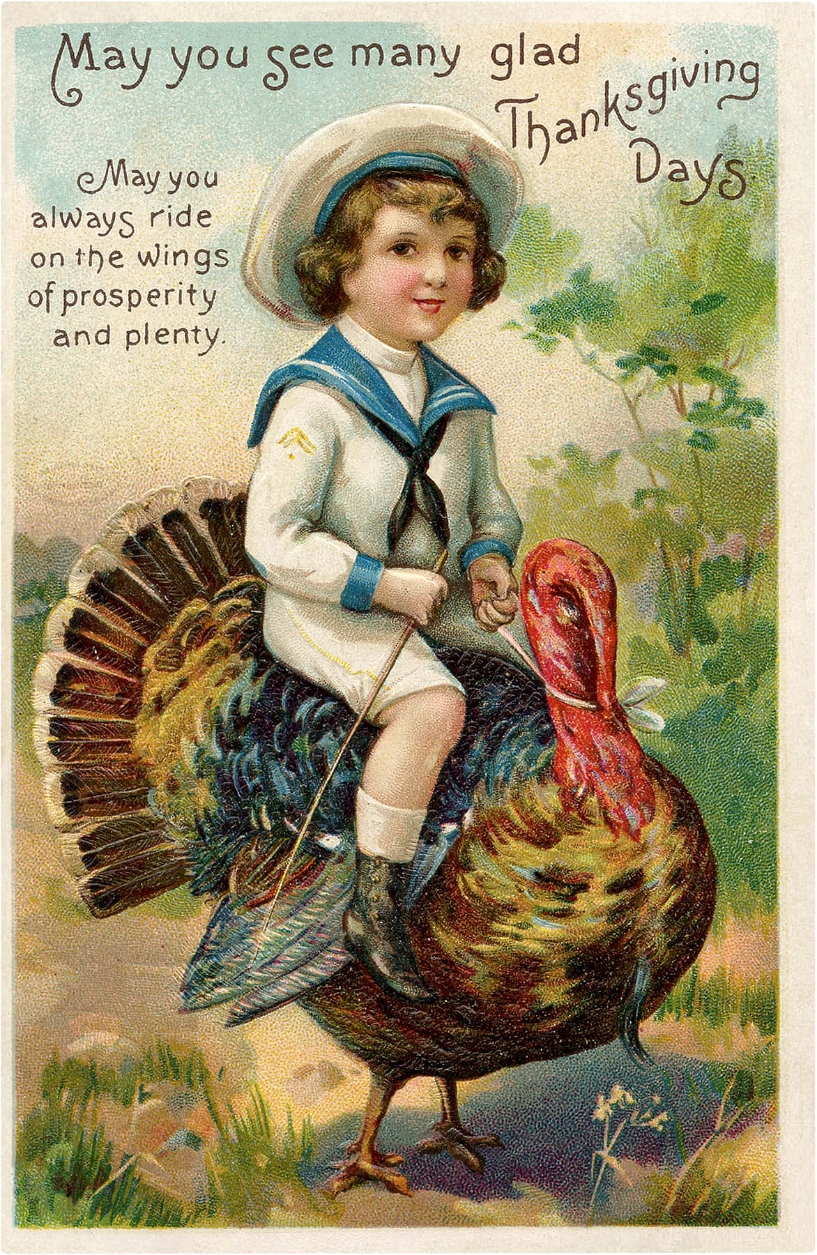 Thanksgiving Funny 桌布 壁紙 — 一張復古明信片展示一個穿著水手服的小孩在草地上騎著一隻大火雞，並帶有節日感恩節文字。