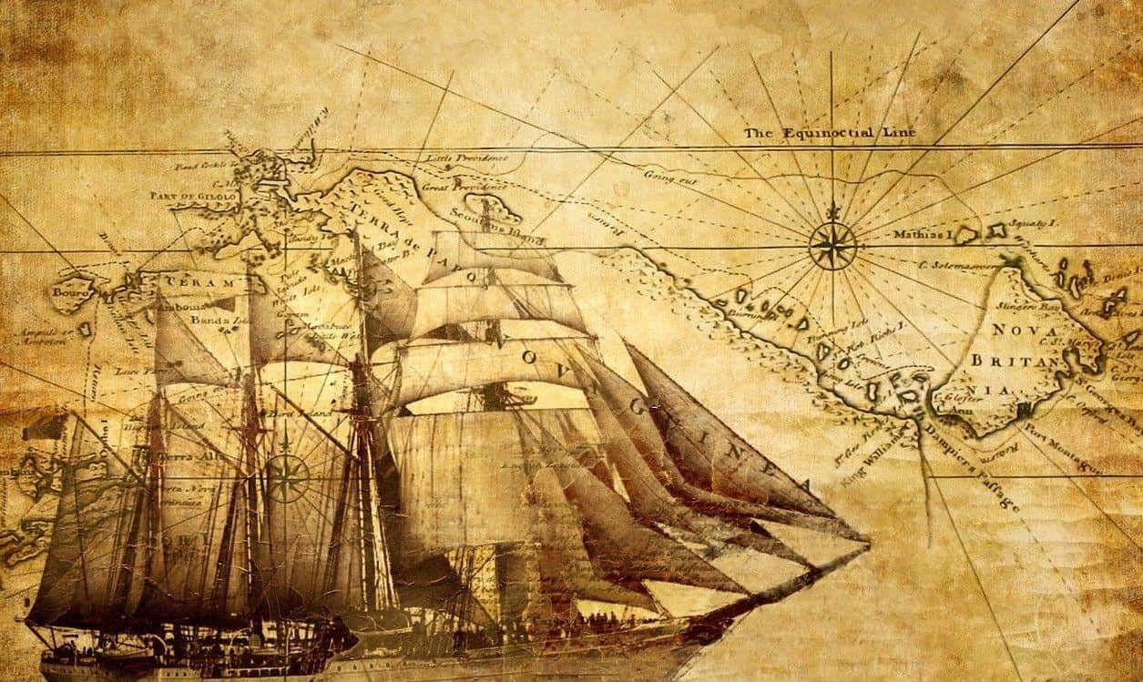 Historical 桌布 壁紙 — 一張復古棕褐色地圖展示了一艘細節豐富的帆船，在標有羅盤玫瑰的土地附近航行。