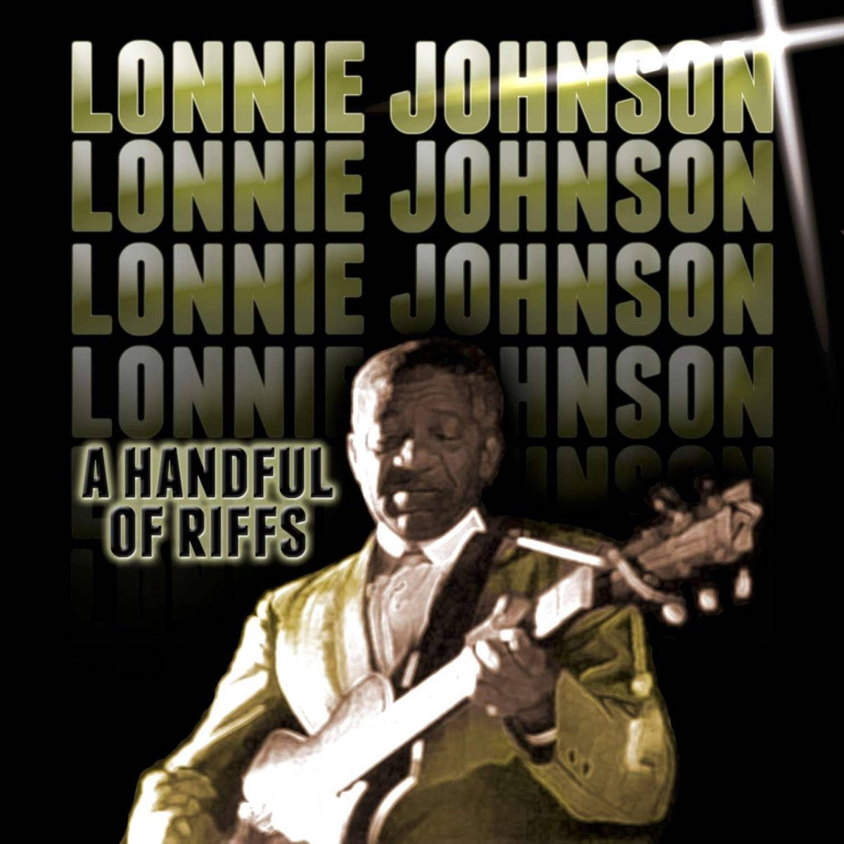 Celebrity 桌布 壁紙 — 一張復古棕褐色調的音樂家Lonnie Johnson彈吉他的肖像，背後有發光文字重複他的名字。