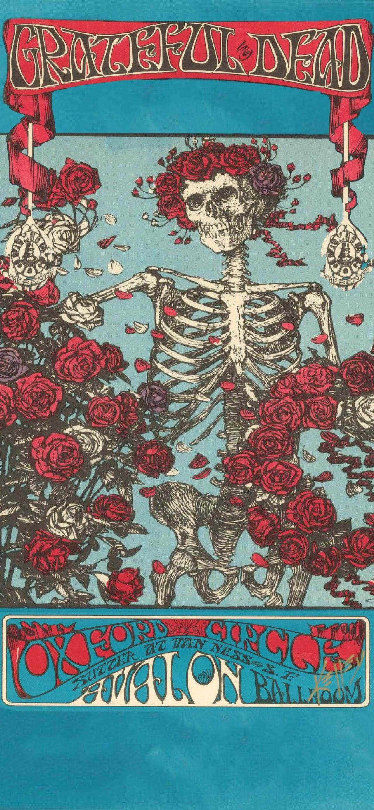 Grateful Dead iPhone 桌布 壁紙 — 一張復古海報展示了一個骷髏形象，點綴著紅玫瑰，背景為青綠色，周圍環繞著裝飾性橫幅，上面有樂團和場地文字。