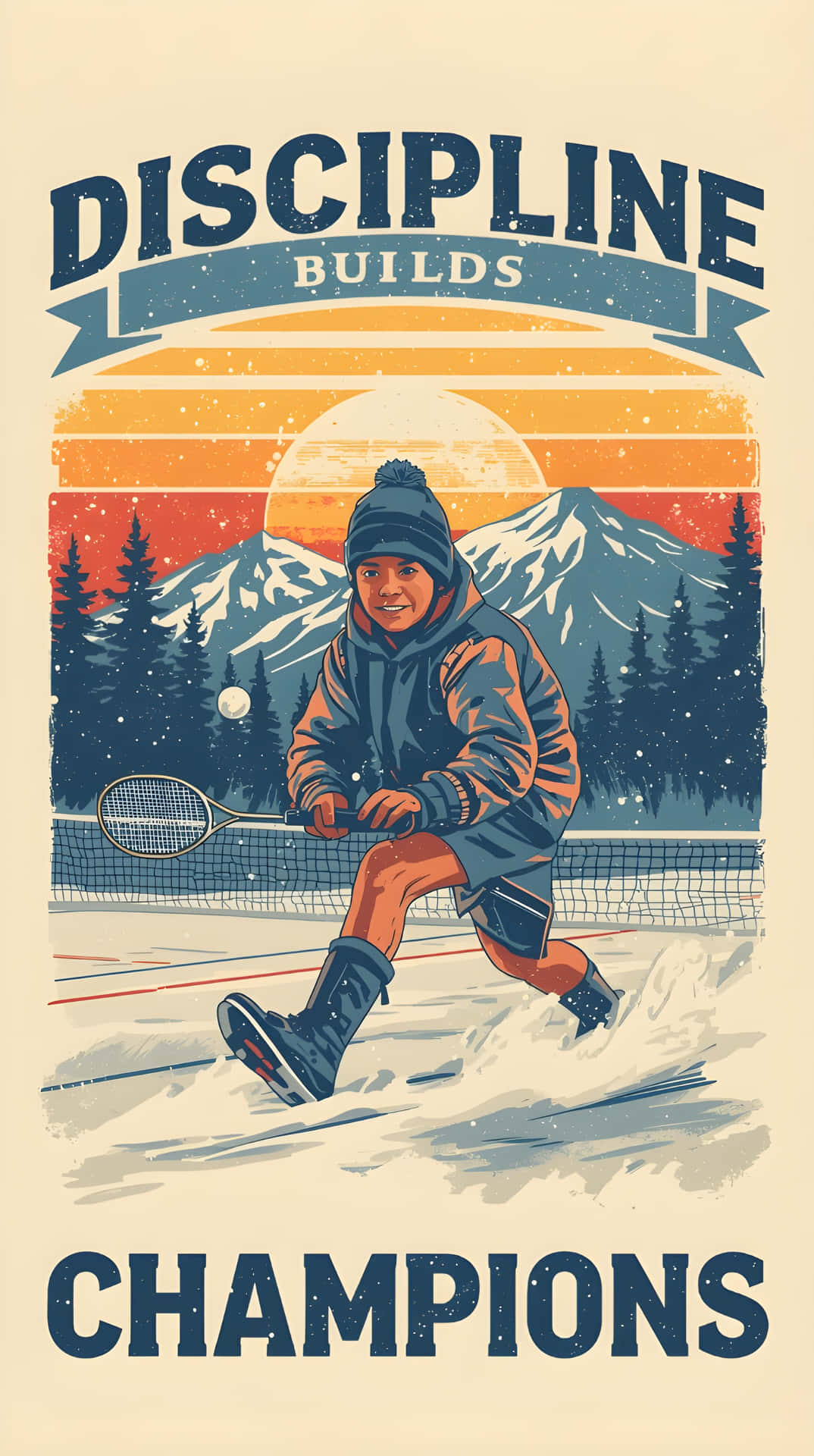 Motivational Sport Quote 壁紙 — 一張復古海報顯示一個孩子在雪中打網球，背後有山脈和日落，下方文字為 discipline builds champions。