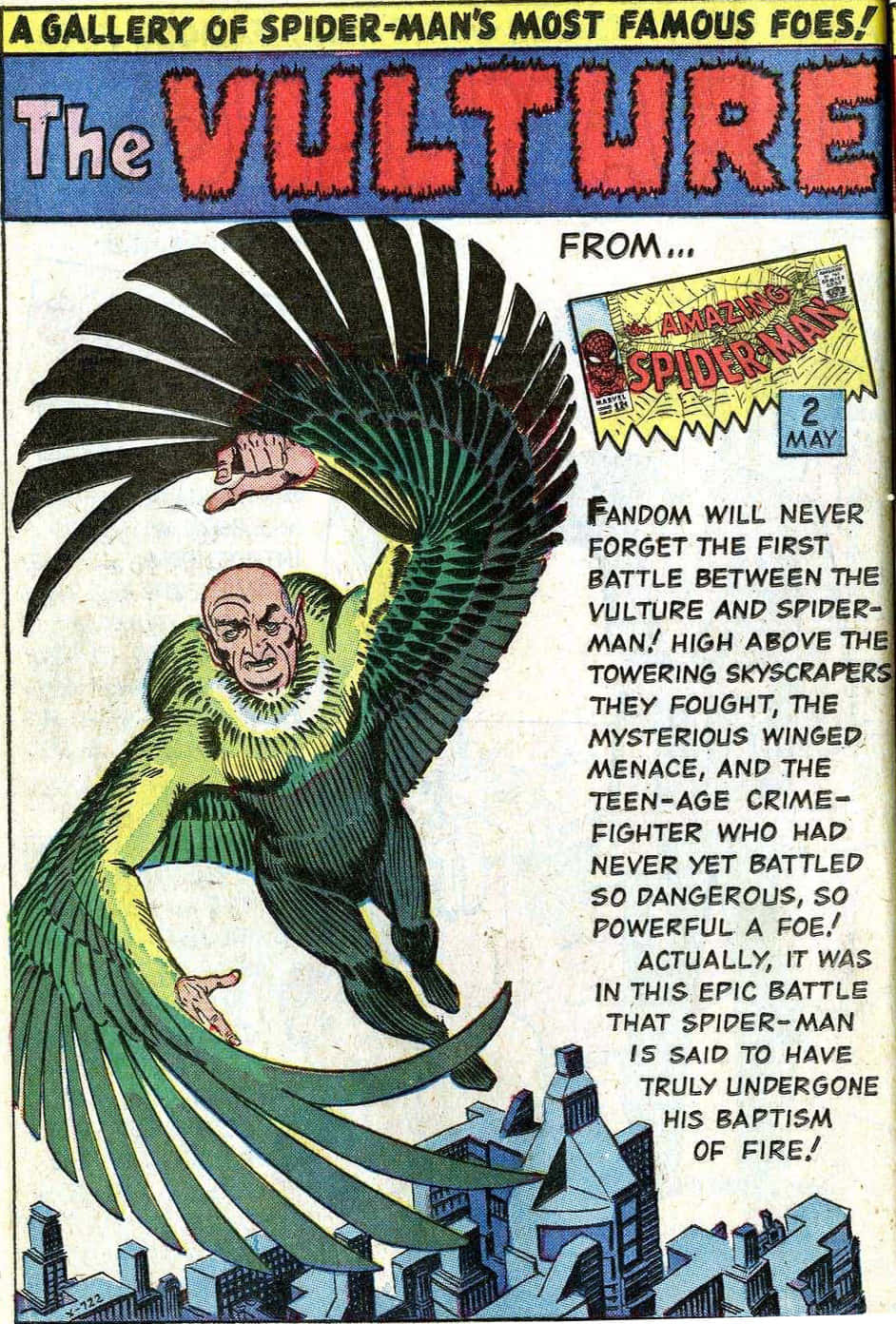 The Vulture 桌布 壁紙 — 一張復古漫畫書封面顯示禿鷹展開翅膀，帶著威脅的表情在城市景觀上空翱翔。