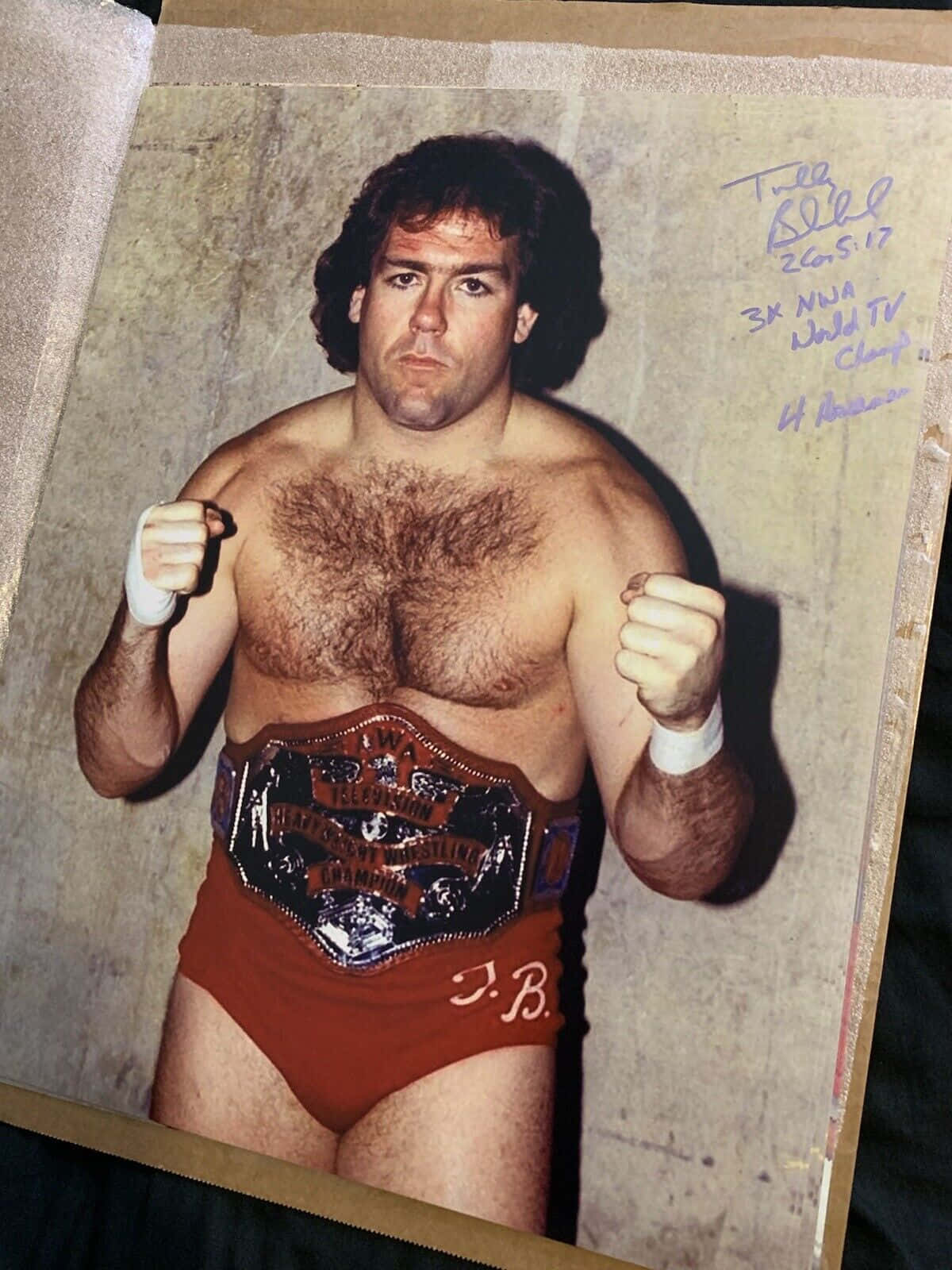 Champion 桌布 壁紙 — 一張復古照片，摔角手Terry Bradshaw穿著紅色短褲和白色護腕，手持冠軍腰帶擺姿勢。