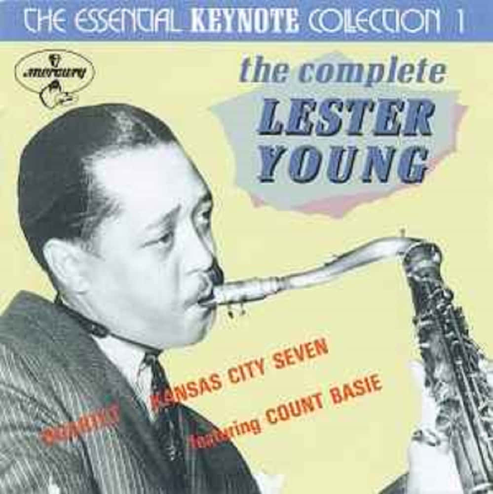 音樂 桌布 壁紙 — 一張復古爵士專輯封面，Lester Young 側面吹奏次中音薩克斯風，背景為淡黃色，搭配粗體字體。