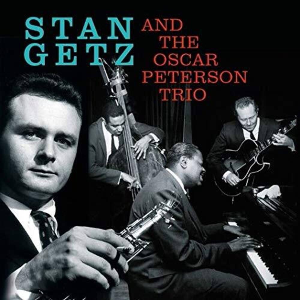 音樂 桌布 壁紙 — 一張復古爵士專輯封面，Stan Getz 和 Oscar Peterson Trio 穿著正式西裝，在深色背景下演奏薩克斯風、鋼琴和低音提琴。