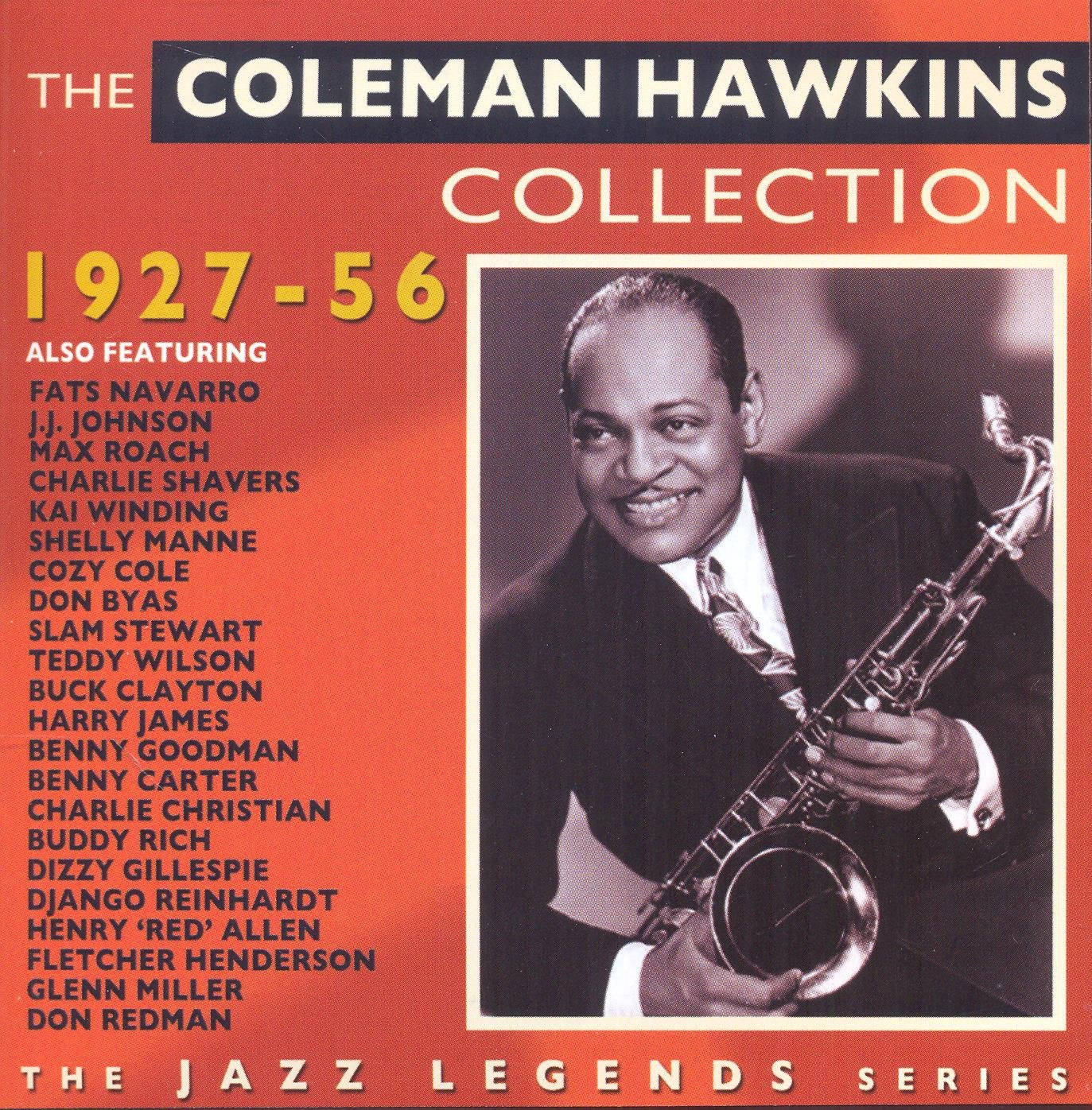 band 桌布 壁紙 — 一張復古爵士專輯封面，微笑的Coleman Hawkins手持薩克斯風，背景為大膽的紅色，並附有藝術家資訊。
