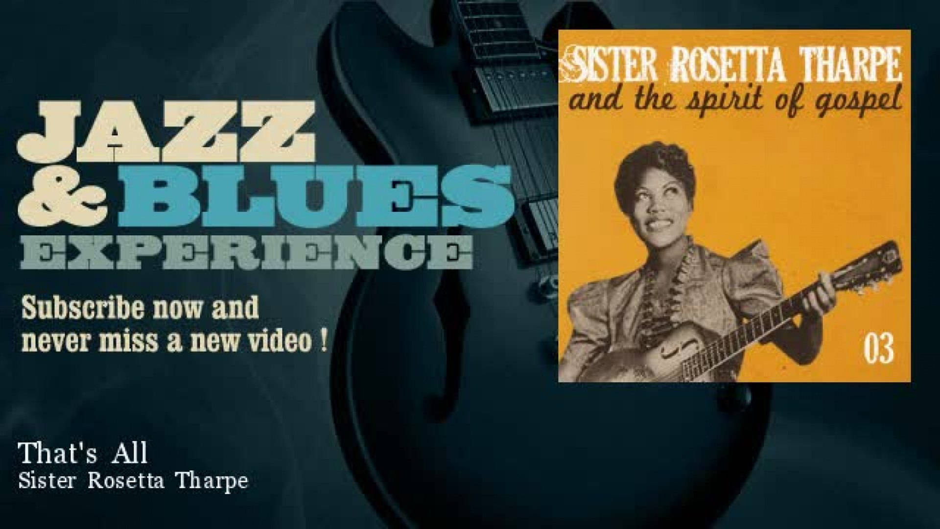 rock n roll 桌布 壁紙 — 一張復古爵士藍調海報，Sister Rosetta Tharpe 手持吉他，背景深色，文字粗體。