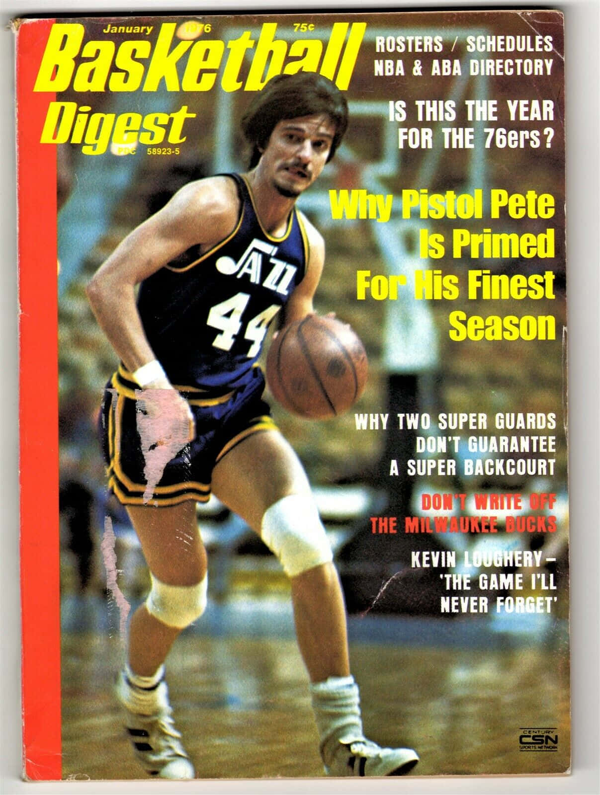 NBA 桌布 壁紙 — 一張復古的Basketball Digest封面，展示一位身穿藍色和金色球衣的爵士隊球員在球場上運球。