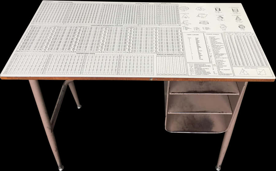 Desk 桌布 壁紙 — 一張復古繪圖桌，表面覆蓋著詳細的技術圖表，矗立在黑色背景前。