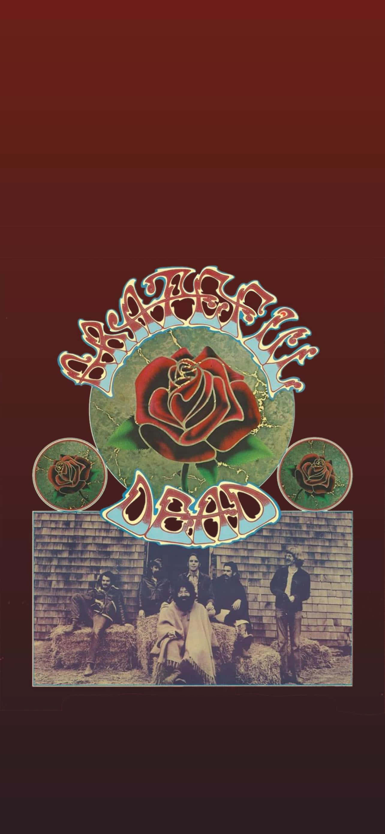 Grateful Dead iPhone 桌布 壁紙 — 一張復古迷幻海報，為樂團「Santana」設計，中央有紅玫瑰和樂團照片，背景為深酒紅色漸層。