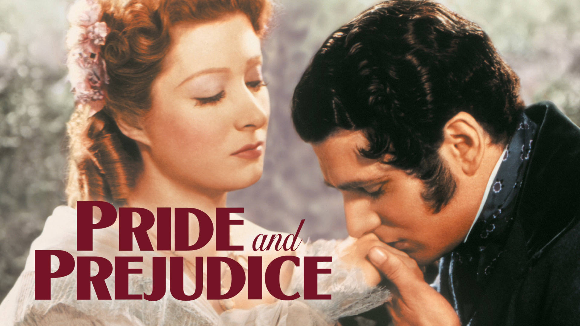 Pride And Prejudice 桌布 壁紙 — 一張復古電影劇照顯示一名男子溫柔地親吻一名女子的手，而她則輕輕地望向別處，並覆蓋有「Pride and Prejudice」文字。