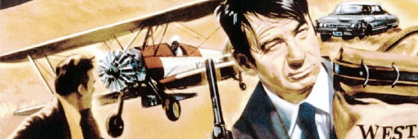 Walter Matthau 桌布 壁紙 — 一張復古電影海報，一名身穿西裝的男子手持槍枝，背景有雙翼飛機和經典汽車。