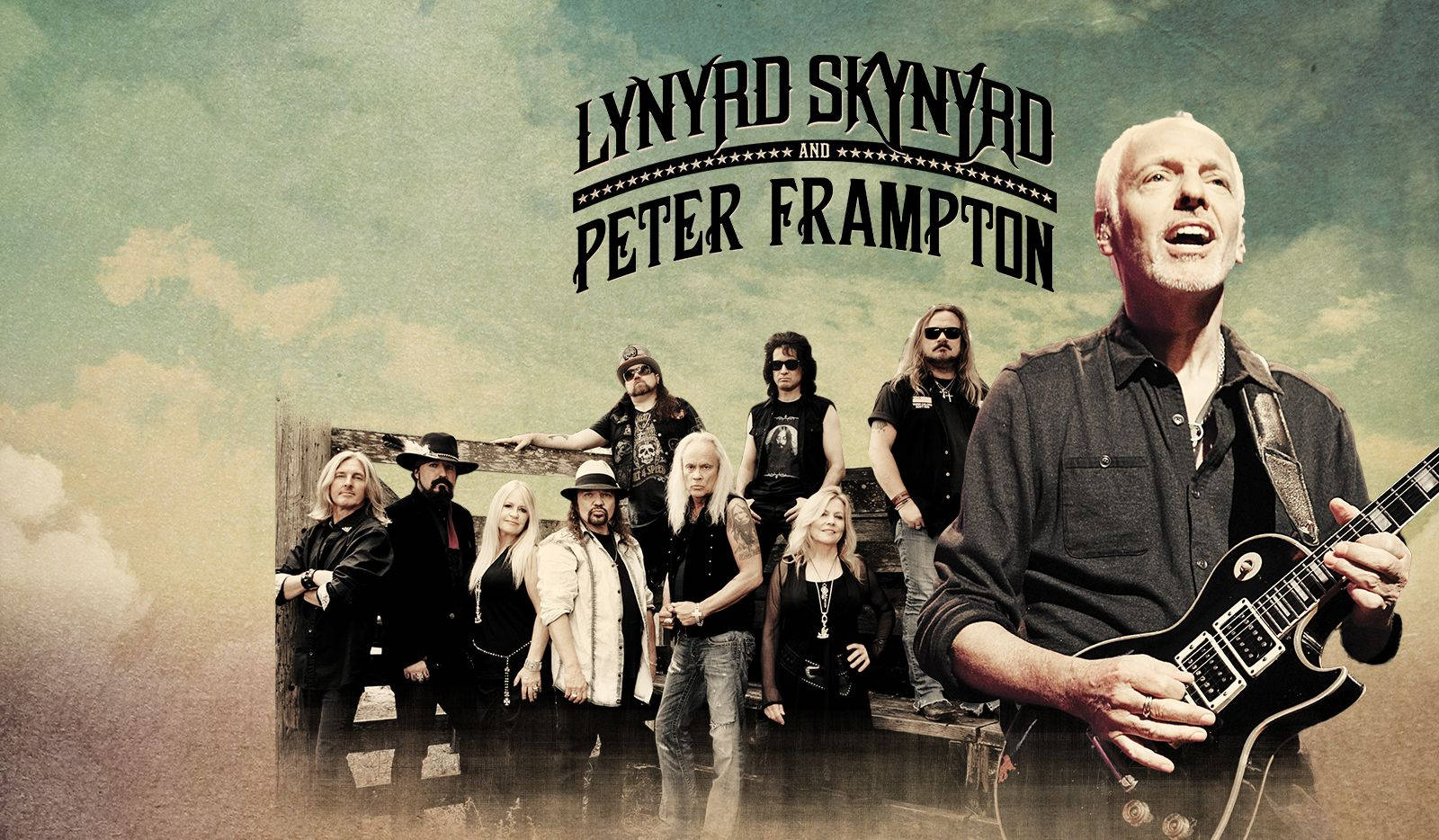 音樂 桌布 壁紙 — 一張復古風格宣傳海報， featuring Lynyrd Skynyrd 和 Peter Frampton，音樂家在多雲的天空背景下擺姿勢。