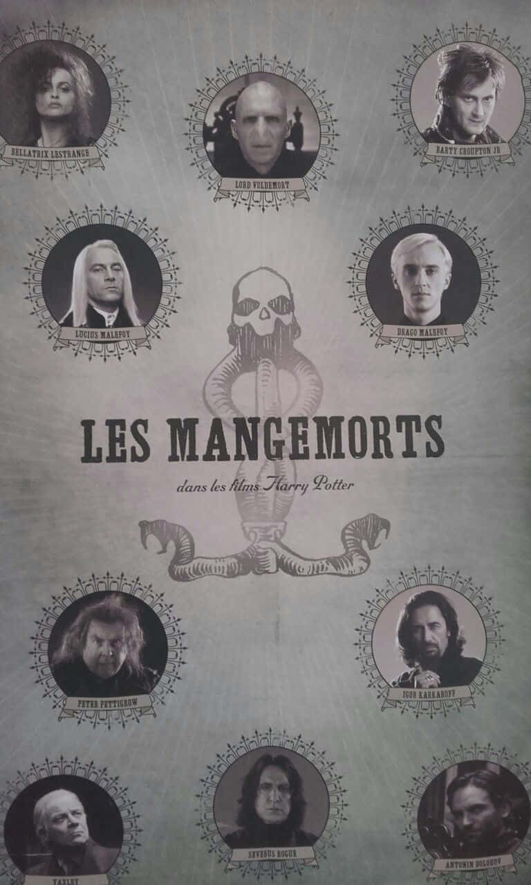 Death Eaters 桌布 壁紙 — 一張復古風格海報，印有《哈利波特》中食死人的肖像，中央有蛇形徽章和法文文字。