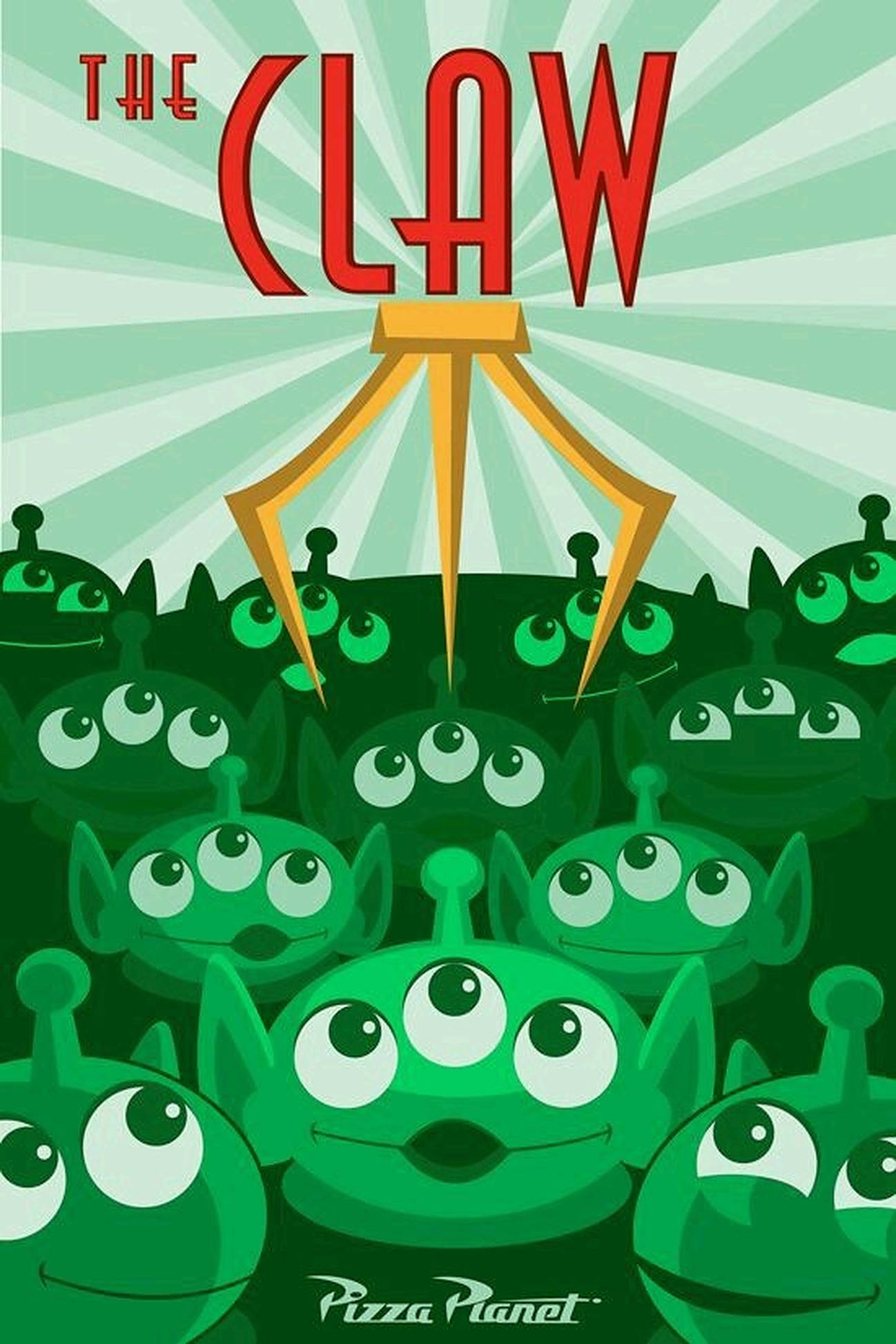Toy Story Alien 桌布 壁紙 — 一張復古風格海報顯示一隻金色爪子降臨在一群微笑的綠色三眼外星人上方，背景是太陽光芒。