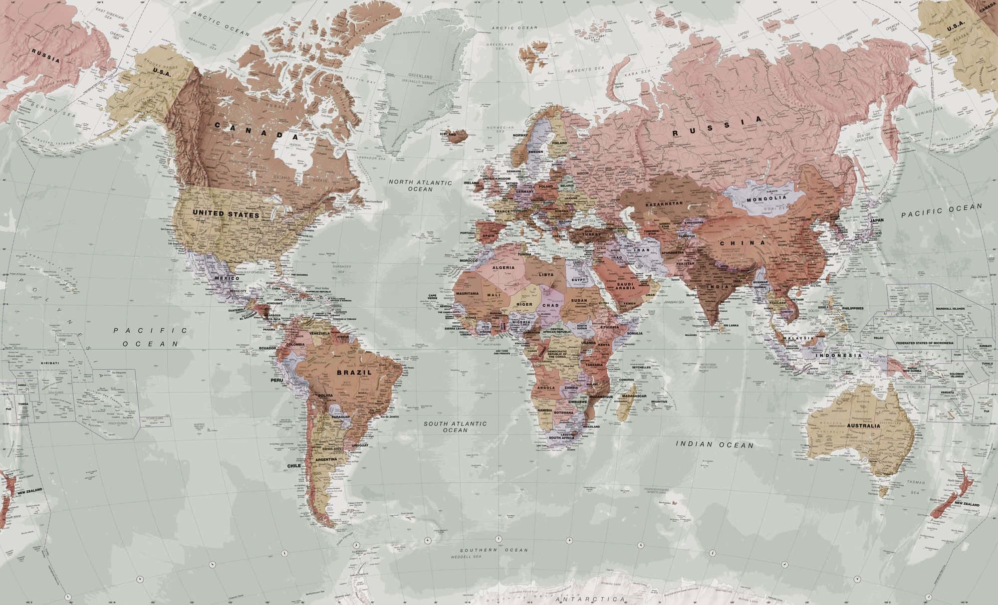 Map 桌布 壁紙 — 一張復古風格的世界地圖，以大地色調的大陸和標有國家的名稱，背景為柔和的灰色海洋。