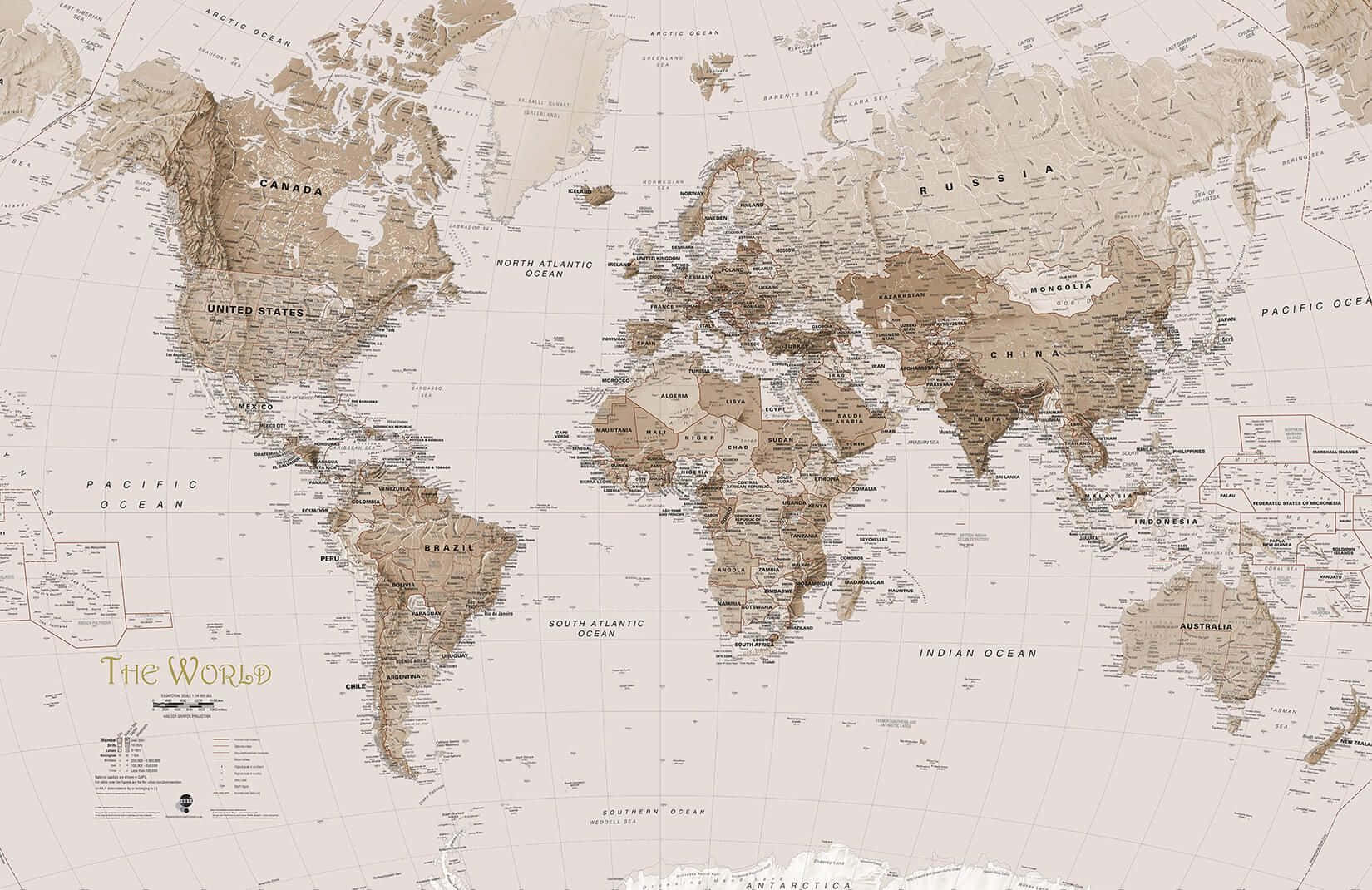 World Map Aesthetic 桌布 壁紙 — 一張復古風格的世界地圖，採用棕褐色調，帶有詳細的國家邊界和海洋標籤，背景有紋理。