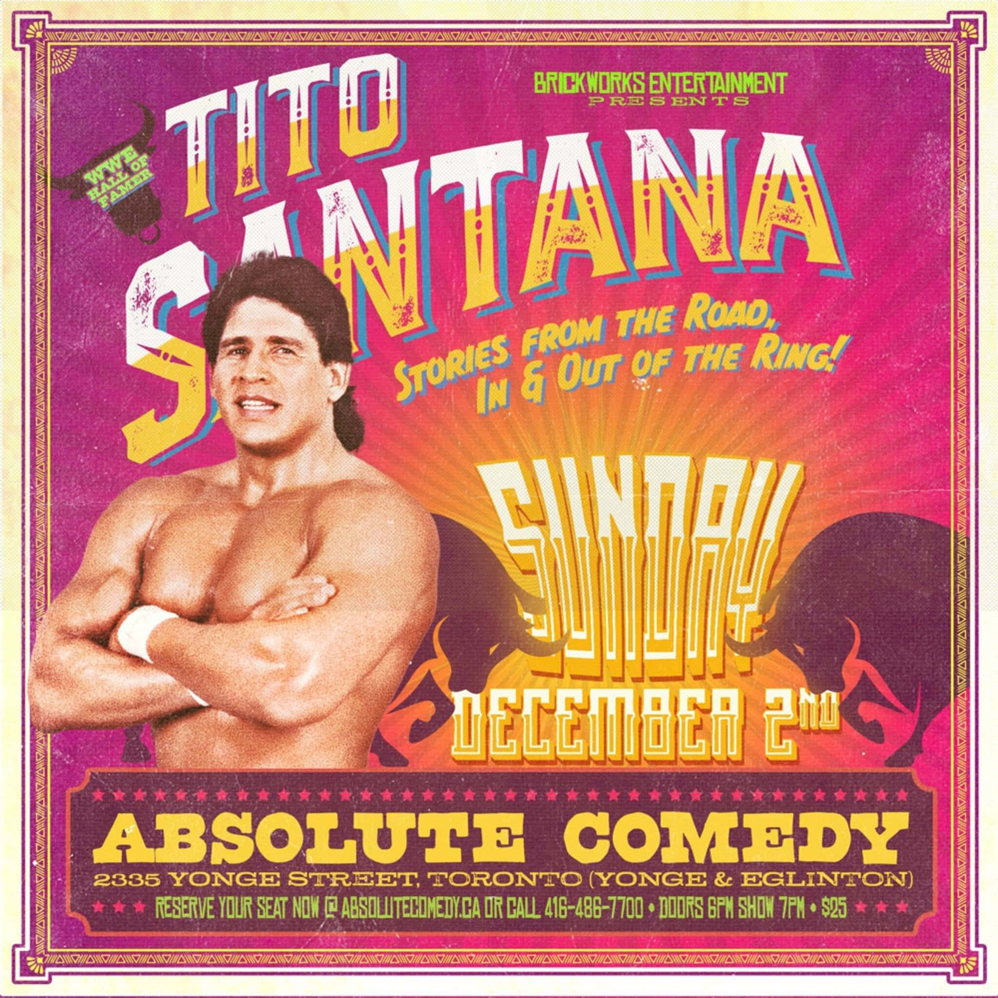poster 桌布 壁紙 — 一張復古風格的摔角喜劇海報， featuring Tito Santana 交叉雙臂，背景是火焰漸變色。