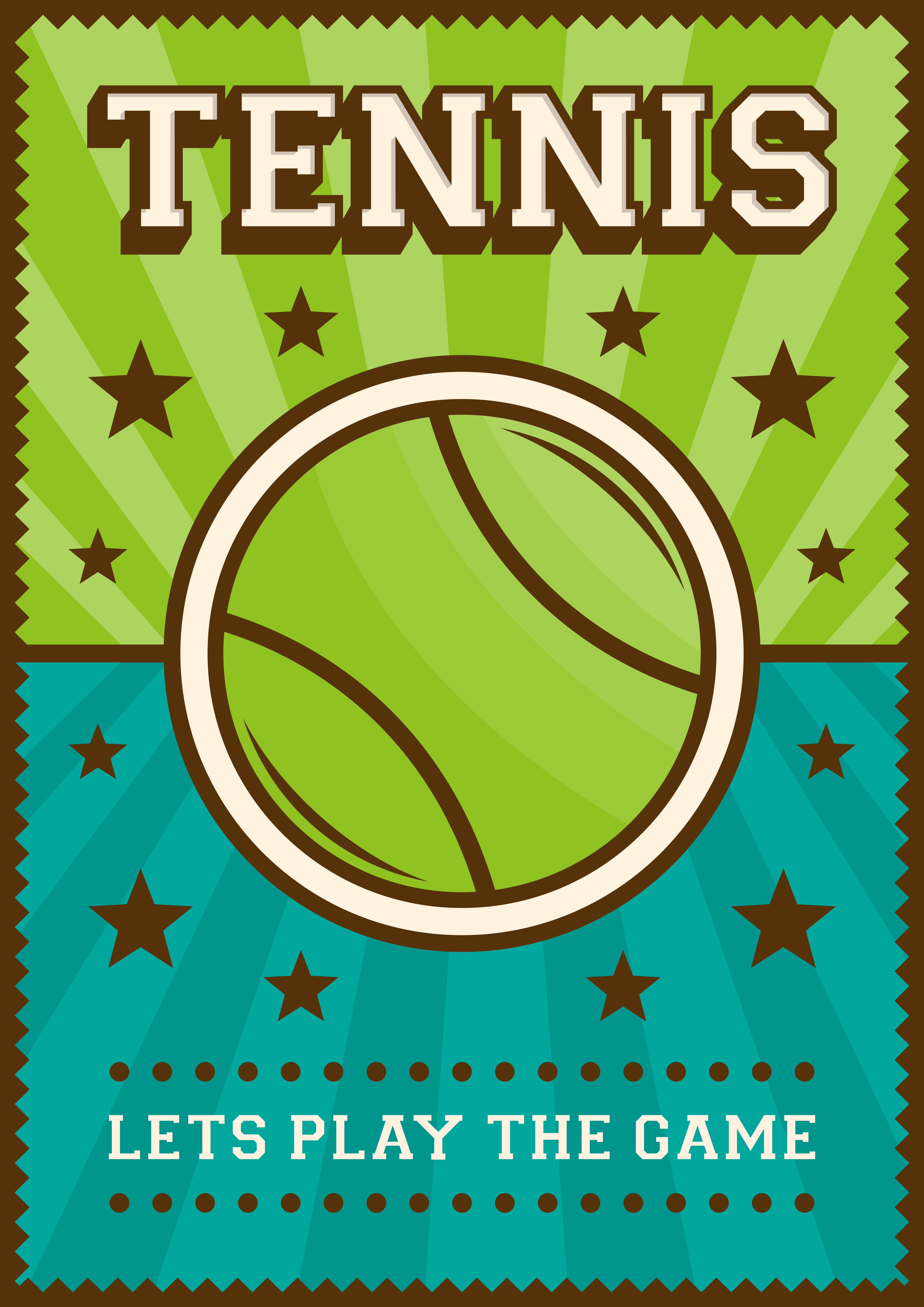 Tennis 桌布 壁紙 — 一張復古風格的網球海報，綠色球體居中，背景為綠色和青綠色的分割設計，帶有星星和粗體文字。