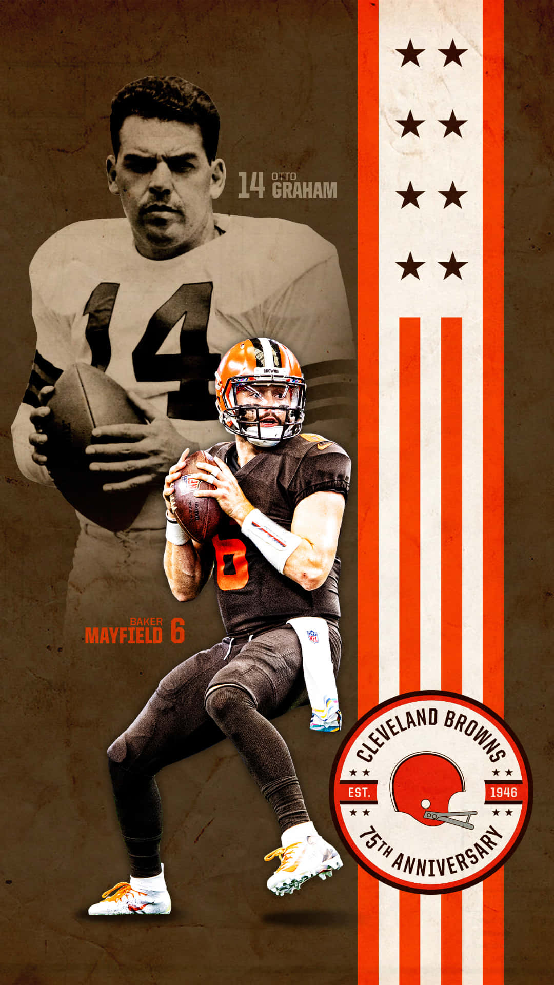 Baker Mayfield 桌布 壁紙 — 一張復古風格的致敬海報， featuring 兩位克里夫蘭布朗隊的四分衛，搭配大膽的紅、白、棕色條紋和球隊週年標誌。
