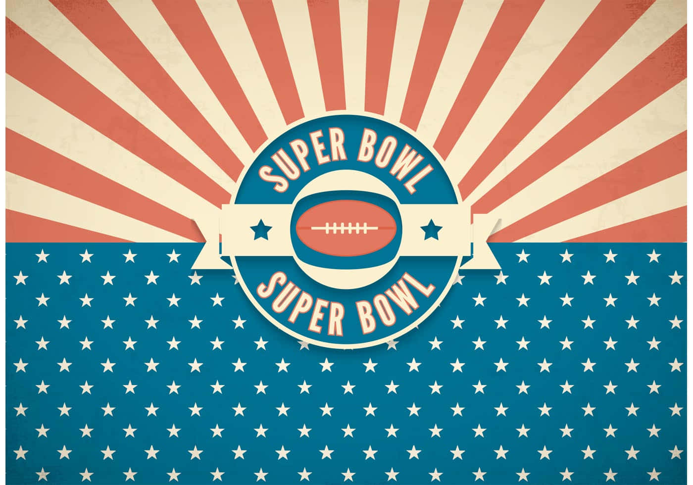 Super Bowl 桌布 壁紙 — 一張復古風格的超級盃海報，帶有美式足球標誌，背景為紅白光芒和藍色星空。