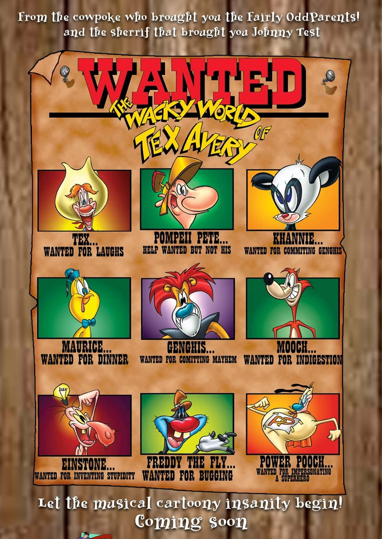 The Wacky World Of Tex Avery 桌布 壁紙 — 一張復古風格的通緝海報， featuring 來自《德克斯·艾佛里的瘋狂世界》的卡通角色，帶有幽默的罪行和色彩繽紛的背景。