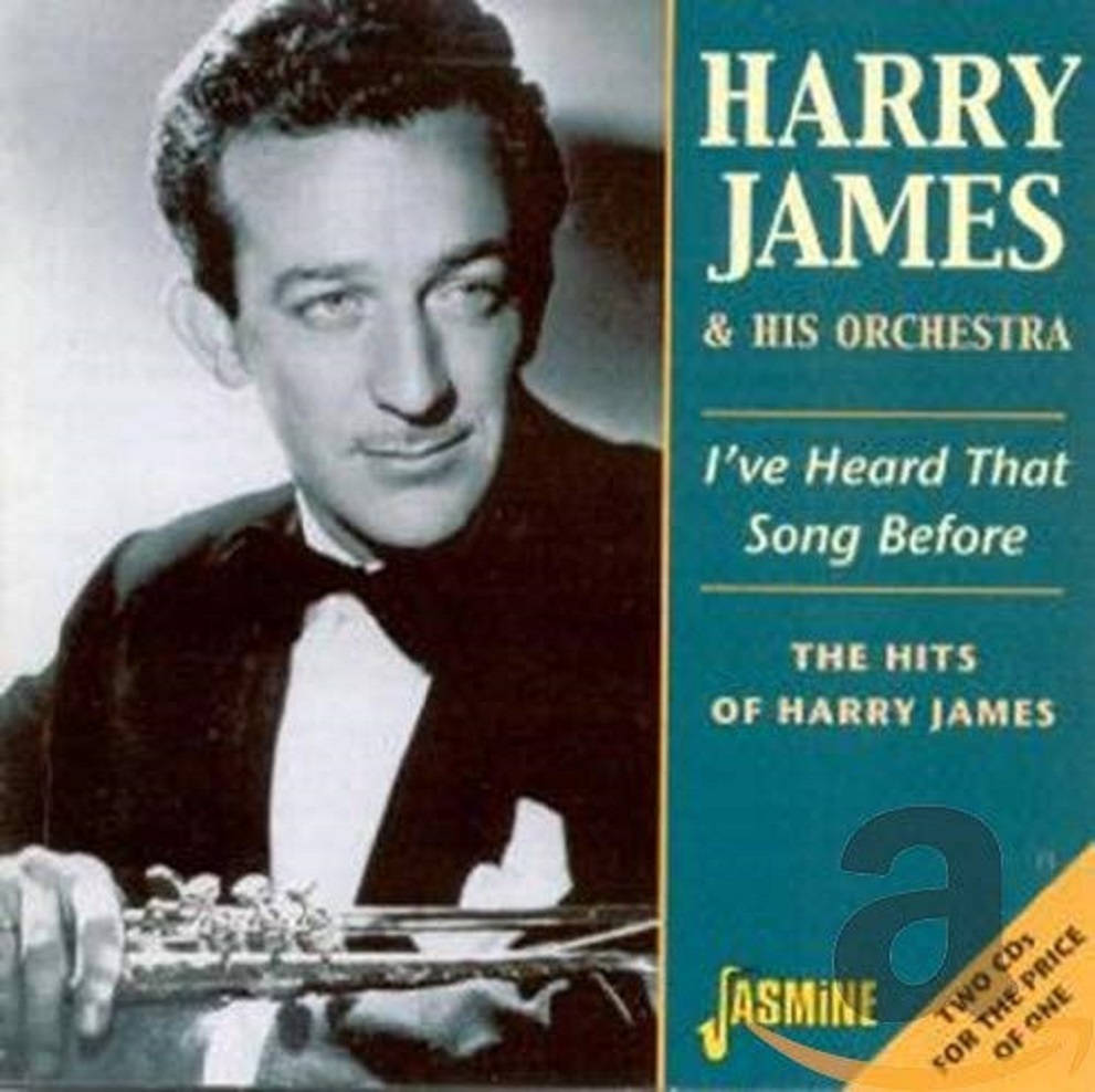 Legend 桌布 壁紙 — 一張復古黑白肖像照，爵士小號手 Harry James 身穿燕尾服，手持樂器，背景為青綠色專輯封面。