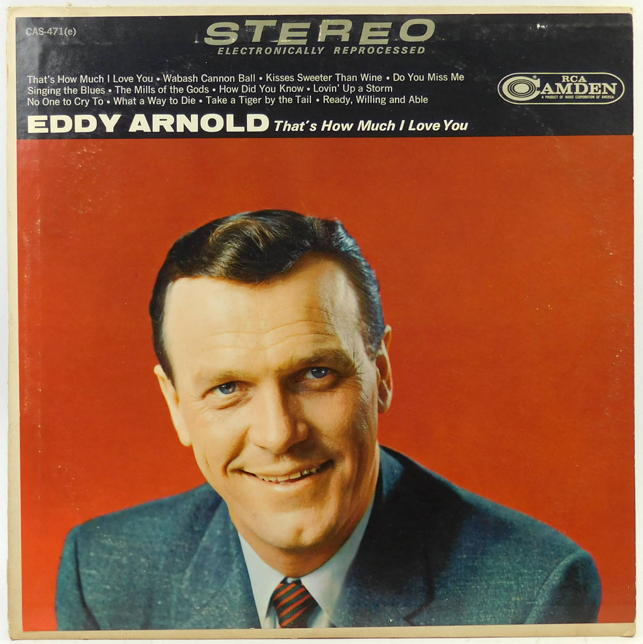 Album Cover 桌布 壁紙 — 一張復古黑膠唱片封面，展示身穿西裝微笑的Eddy Arnold，背景為大膽的紅色，並附有專輯曲目列表。