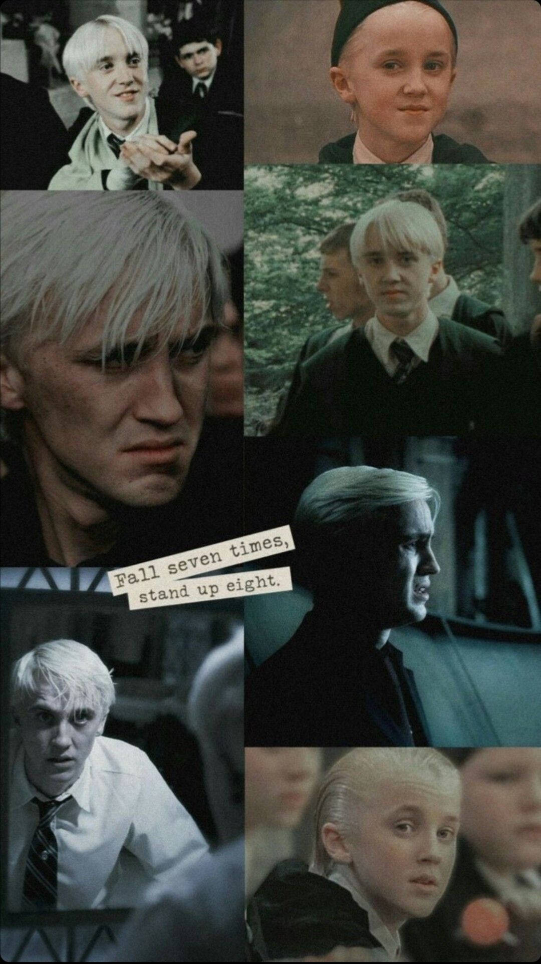 draco 桌布 壁紙 — 一張德拉科·馬爾福在《哈利·波特》不同場景中的拼貼畫，展示了他從童年到成年的演變，並帶有勵志語錄疊加。
