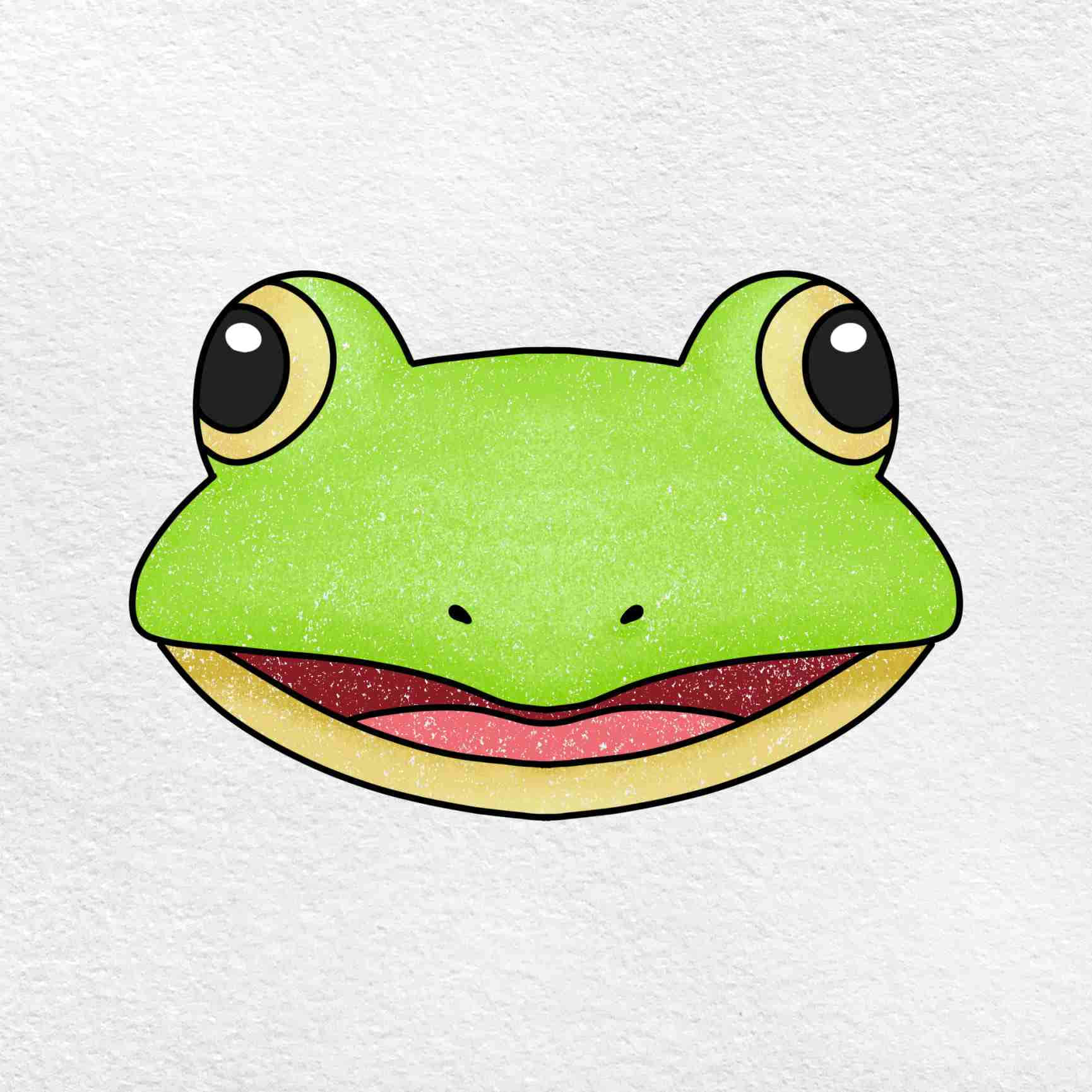 Frog Drawing 桌布 壁紙 — 一張快樂的卡通青蛙臉，大眼睛和燦爛笑容，在紋理白紙上。