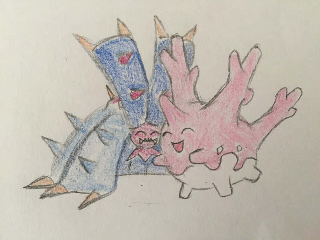 寶可夢 桌布 壁紙 — 一張快樂的手繪草圖，描繪兩隻卡通風格的寶可夢——一隻藍色有刺，一隻粉紅色像珊瑚——在普通紙上微笑擁抱。