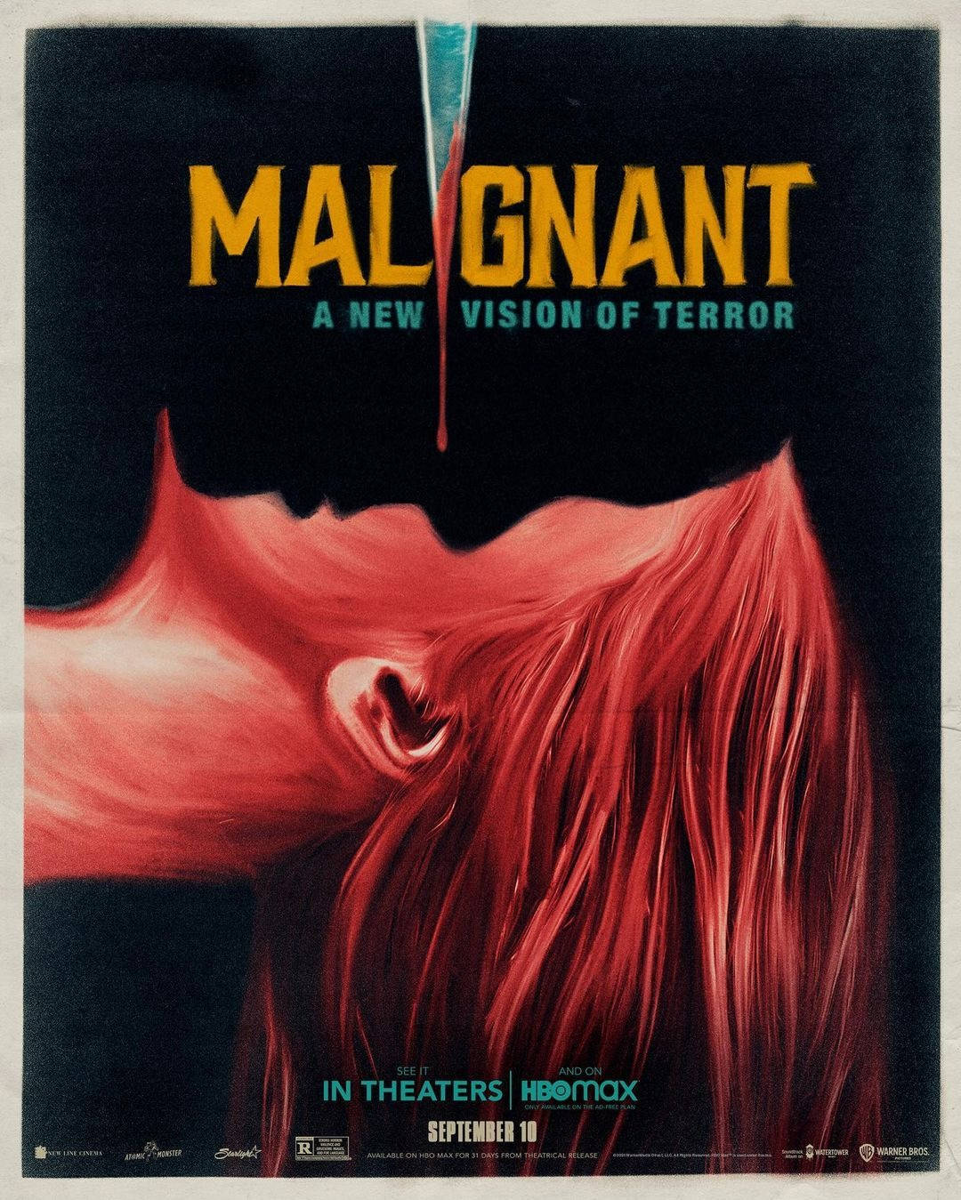 Malignant 桌布 壁紙 — 一張恐怖電影海報顯示一個女人的頭向後傾斜，紅髮，一滴血從她上方的刀片滴落。