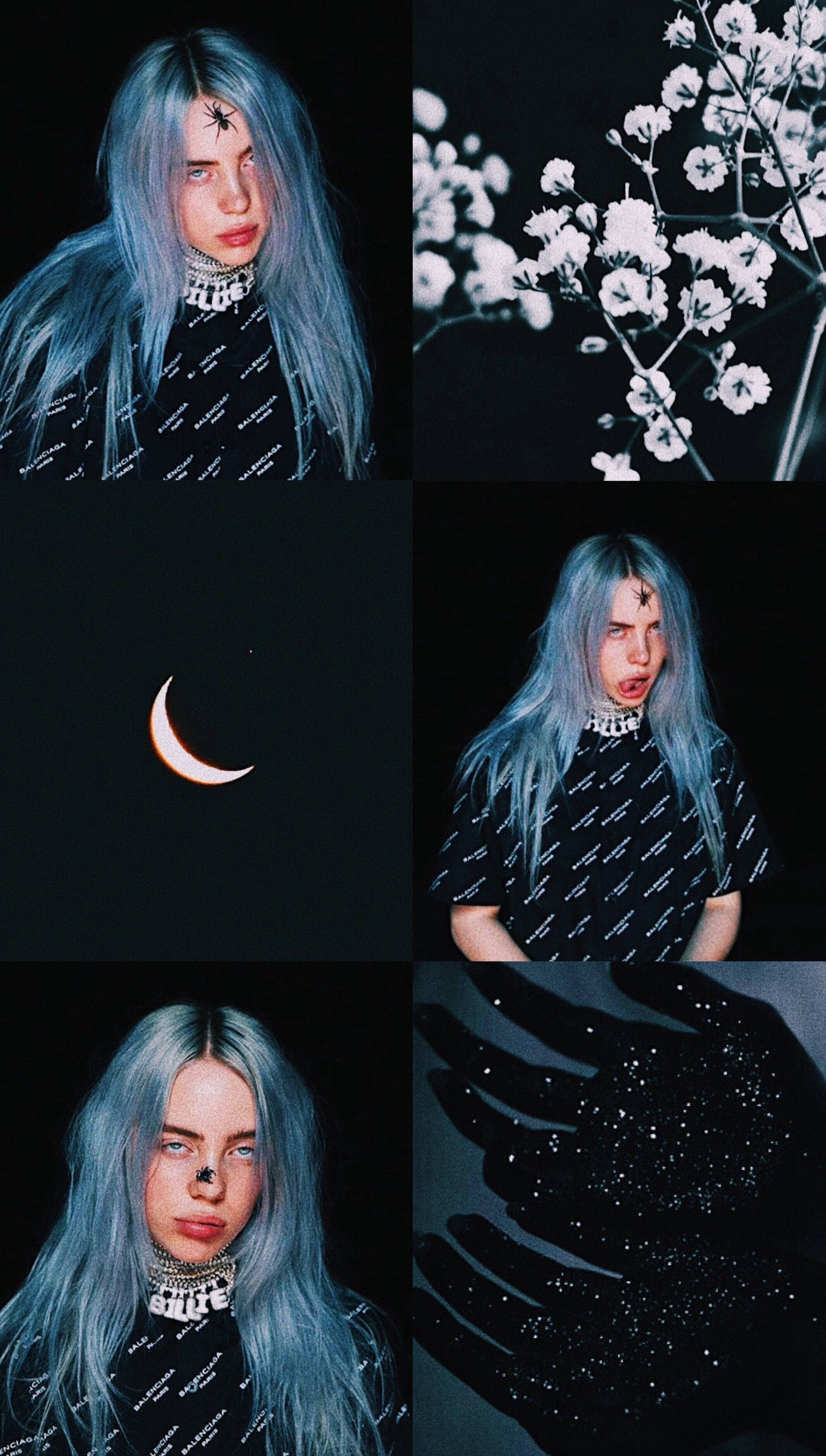 Billie Eilish 藍色頭髮和黑色服裝，在黑暗拼貼畫中，有花朵和月亮。