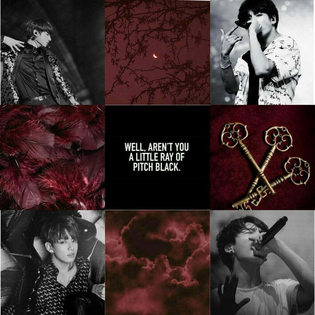 Maroon Aesthetic 桌布 壁紙 — 一張情緒化的拼貼畫，包含男性歌手的黑白肖像、紅色調的自然照片以及深色背景上的華麗鑰匙。