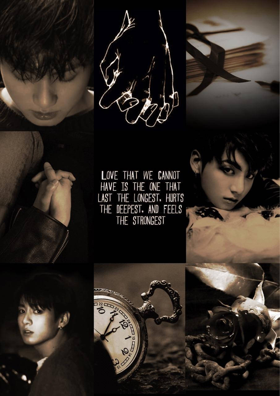 Jungkook Aesthetic 桌布 壁紙 — 一張情緒化的棕褐色調拼貼畫，描繪一名年輕男子以各種親密姿勢出現，並帶有像懷錶和鎖鏈等象徵性物品。