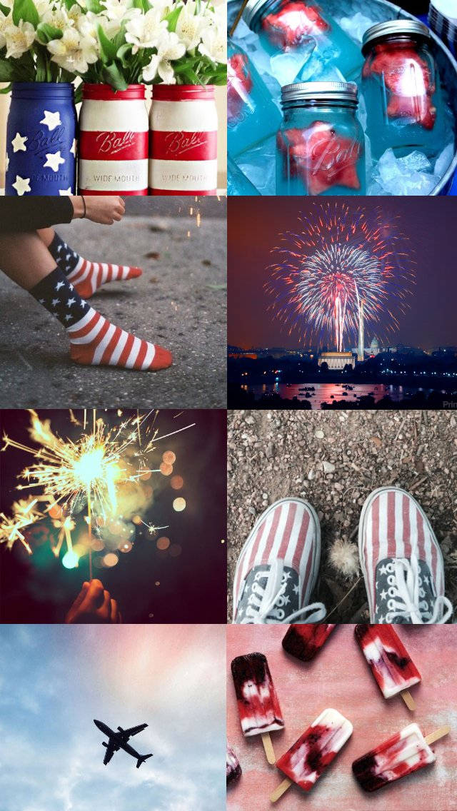 fourth of july 桌布 壁紙 — 一張愛國拼貼畫，以城市天際線為背景，展示紅、白、藍色的梅森罐、仙女棒、運動鞋、冰棒和煙火。