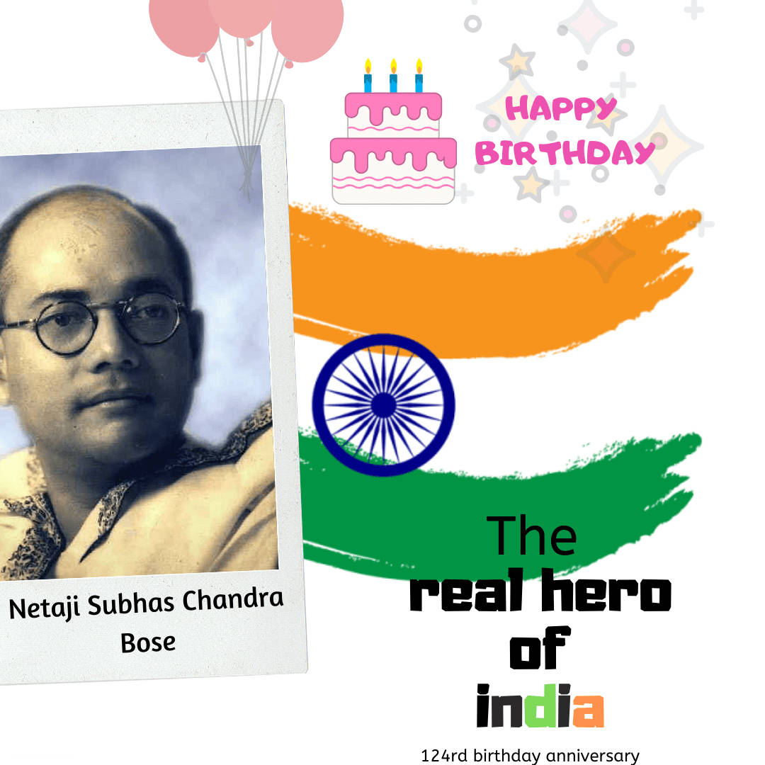 印度 桌布 壁紙 — 一張慶祝圖形，向 Netaji Subhas Chandra Bose 致敬，包含他的肖像氣球、蛋糕和印度國旗顏色。