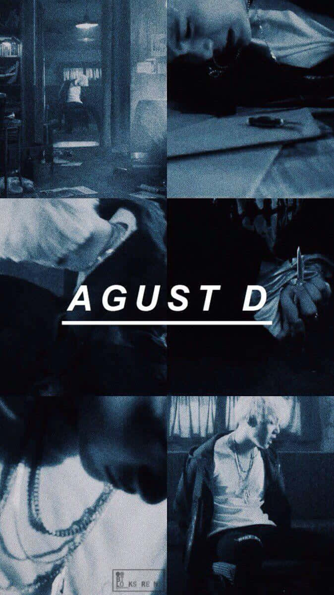 Agust D 桌布 壁紙 — 一張憂鬱藍色調的拼貼畫，包含六張在昏暗房間中人物的親密特寫，中央有「AGUST D」文字。