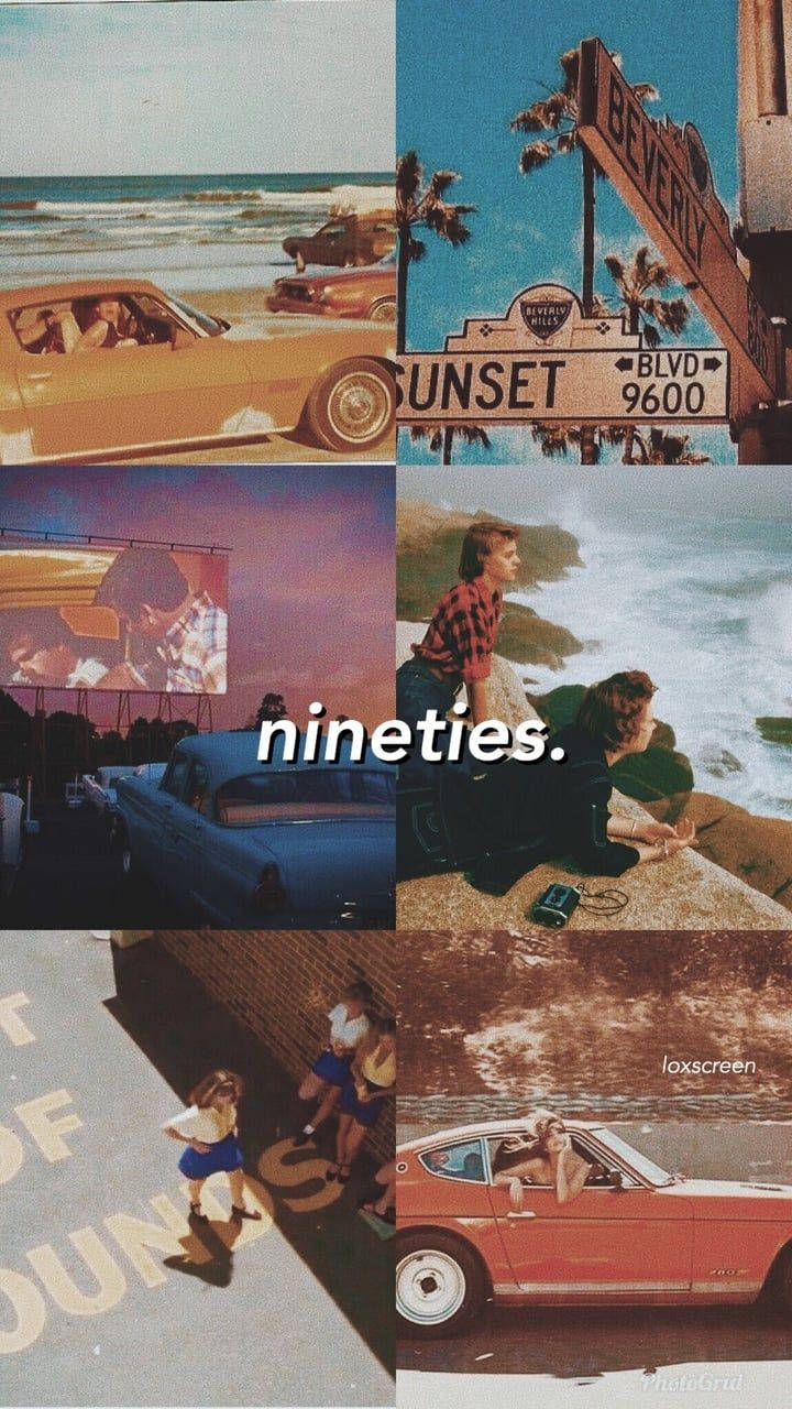 vintage 90s aesthetic 桌布 壁紙 — 一張懷舊的1990年代拼貼畫， featuring 復古汽車、海灘場景和標誌性的好萊塢標誌，採用溫暖色調和復古濾鏡。