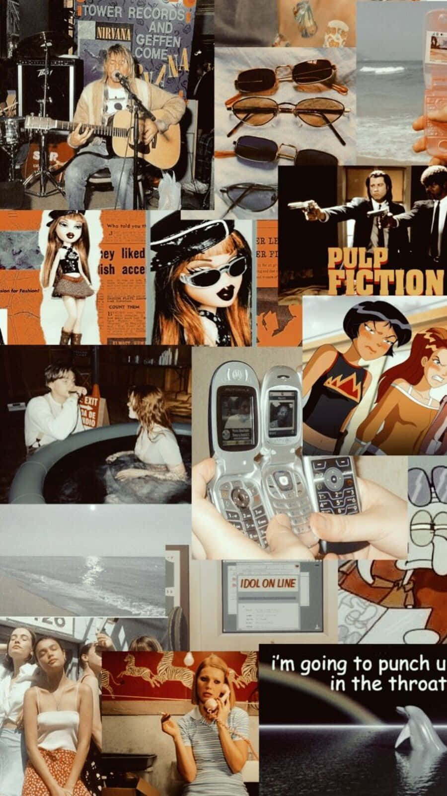 Baddie Vintage 90's Aesthetic 桌布 壁紙 — 一張懷舊的2000年代流行文化拼貼畫，包含Nirvana、Pulp Fiction、摺疊手機、動漫和復古時尚。