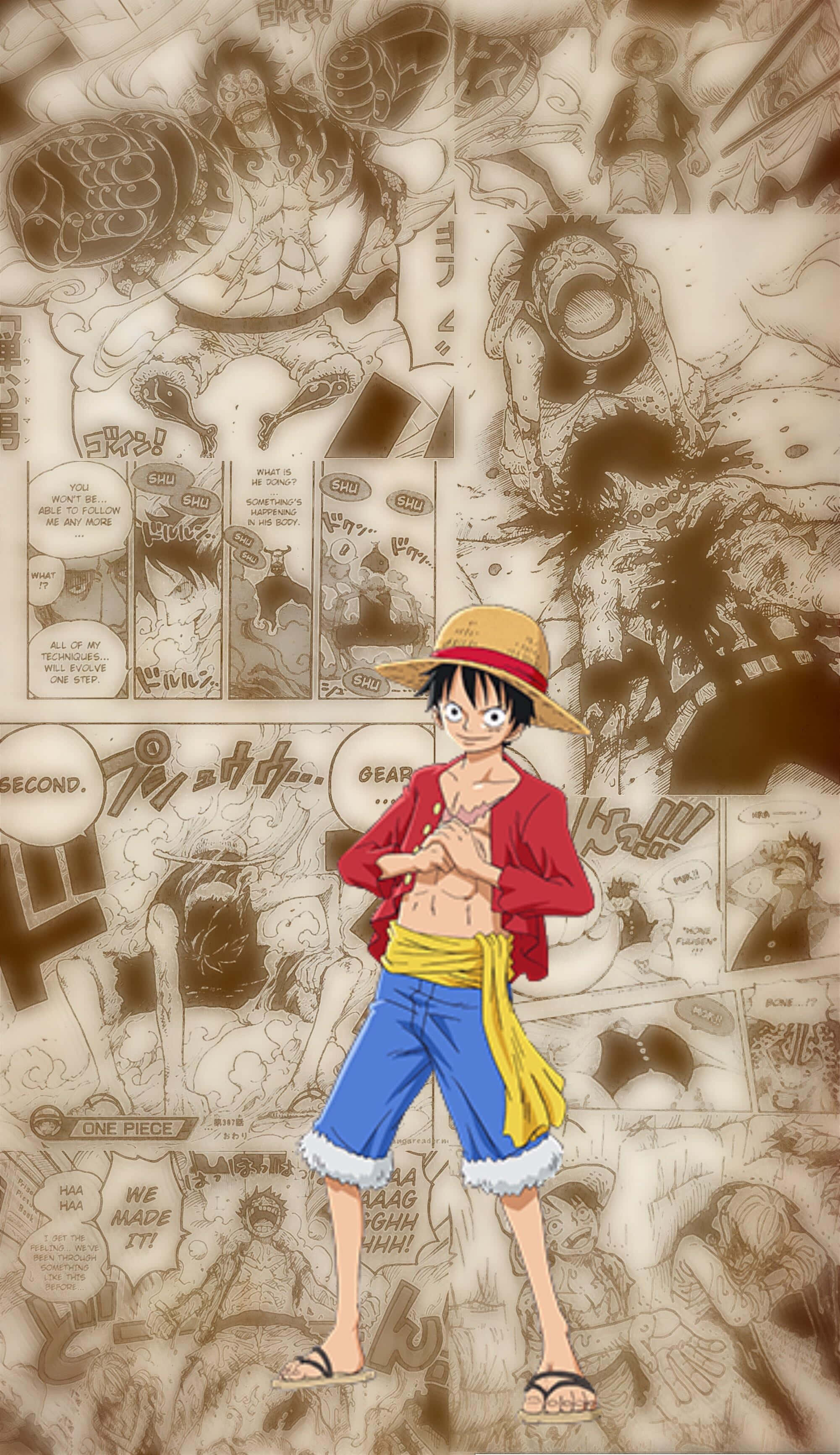One Piece Manga 桌布 壁紙 — 一張懷舊色調的動漫桌布， featuring 魯夫從航海王自信地站在漫畫面板和動作場景的拼貼中。