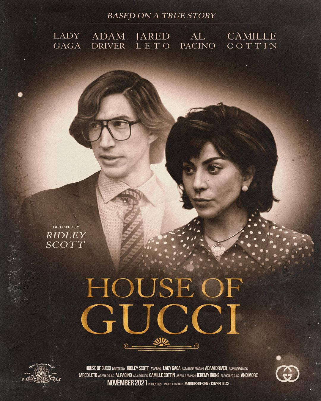 《古馳之家》電影海報，Lady Gaga 和 Adam Driver 穿著復古服裝。 — Gucci 之家 壁紙