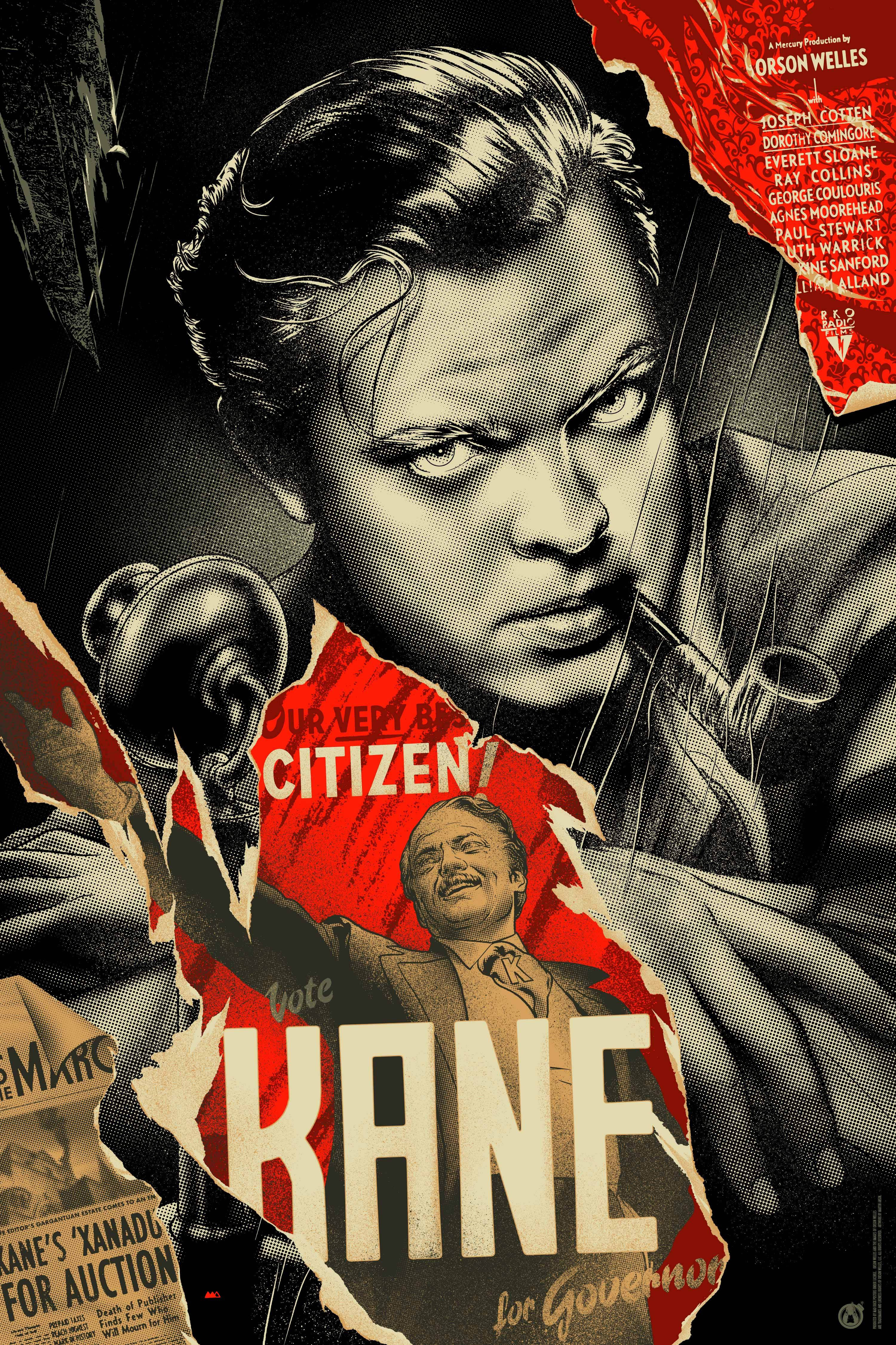 Citizen Kane 桌布 壁紙 — 一張戲劇性的《大國民》復古電影海報，展示一個嚴肅男人的臉，撕破的紅色和黑色紙張揭示了頭條新聞和一位微笑的政治家。