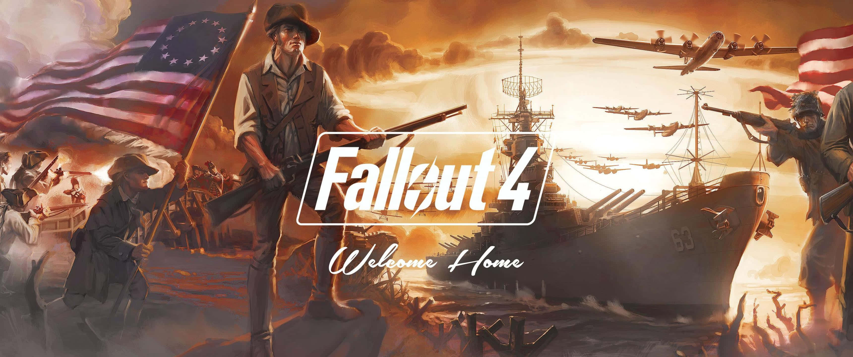 背景 桌布 壁紙 — 一張戲劇性的Fallout 4桌布，展示士兵在戰火摧殘的海景中手持旗幟和武器，船隻和飛機在熾熱的橙色天空下。